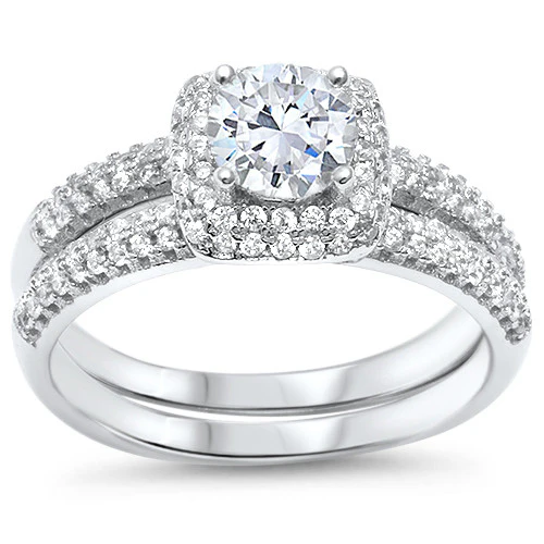 <span>CLOSEOUT! </span>Solitaire Wedding Set Round CZ .925 Sterling Silver Ring