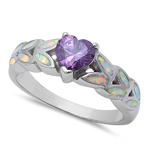 <span>CLOSEOUT!</span> Heart Shape Amethyst & White Opal .925 Sterling Silver Ring