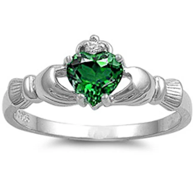 Emerald Heart Claddagh Ring .925 Sterling Silver Sizes 3-12