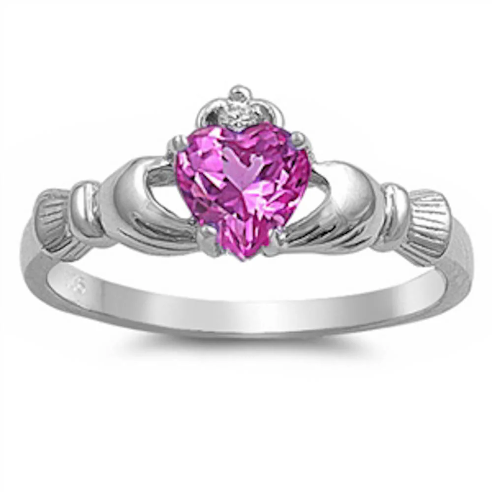 Rose Pink Heart Cubic Zirconia Claddagh .925 Sterling Silver Ring Sizes 3-12