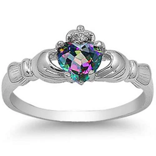 Rainbow Topaz Heart Claddagh Ring .925 Sterling Silver