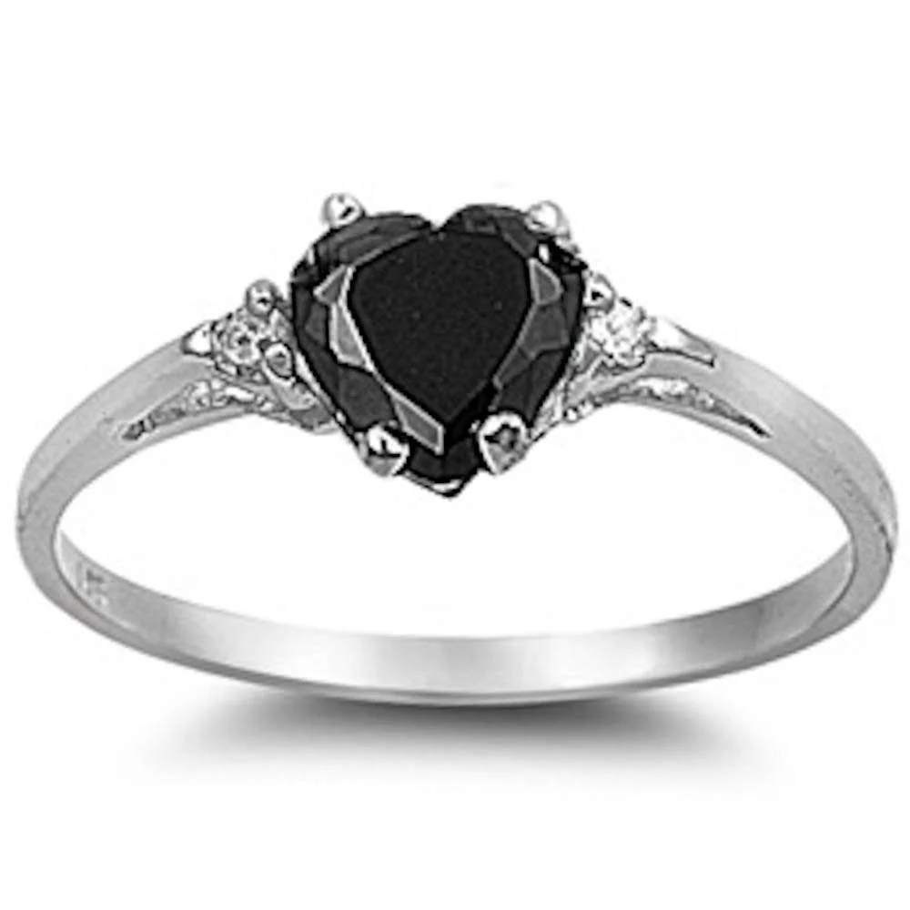 Black Onyx Heart & Cz .925 Sterling Silver Ring