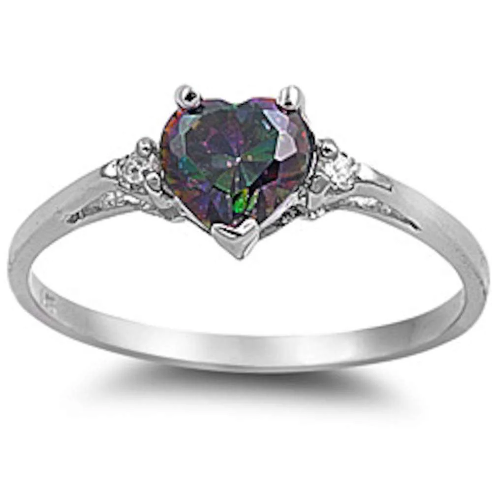 Rainbow Cz Heart & White Cz .925 Sterling Silver Ring