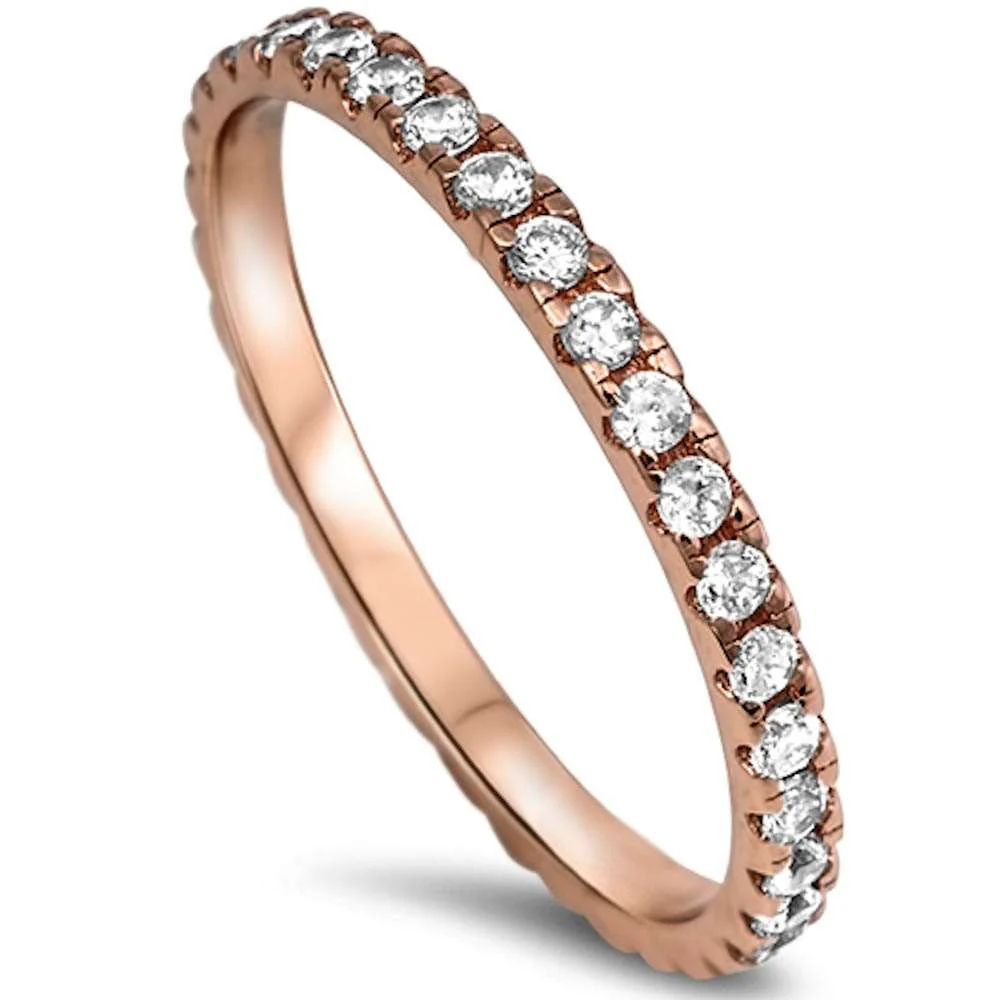 New Rose Gold Plated Cz Eternity Style Band .925 Sterling Silver Ring Sizes 2-12