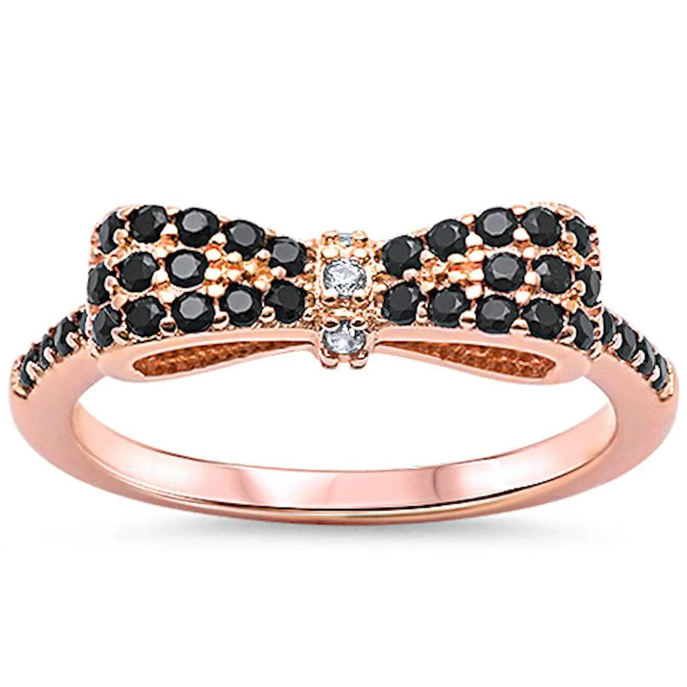 <span>CLOSEOUT!</span>Rose Gold Plated Black & White Cz Bow Tie .925 Sterling Silver Ring