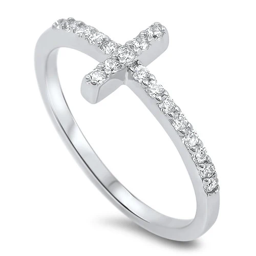 <span>CLOSEOUT!</span>Clear Cz Sideway Cross .925 Sterling Silver Ring