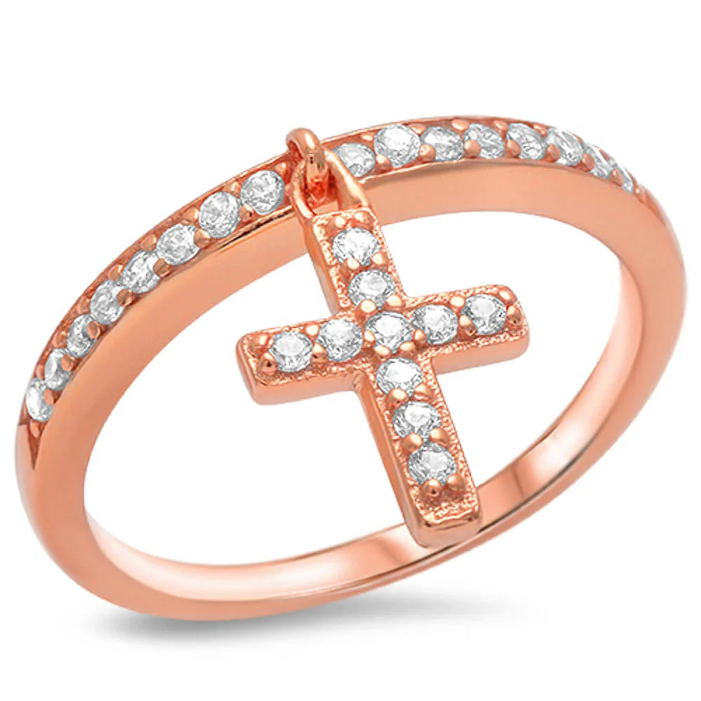 <span>CLOSEOUT!</span> Rose Gold Plated Dangle Cross .925 Sterling Silver Ring