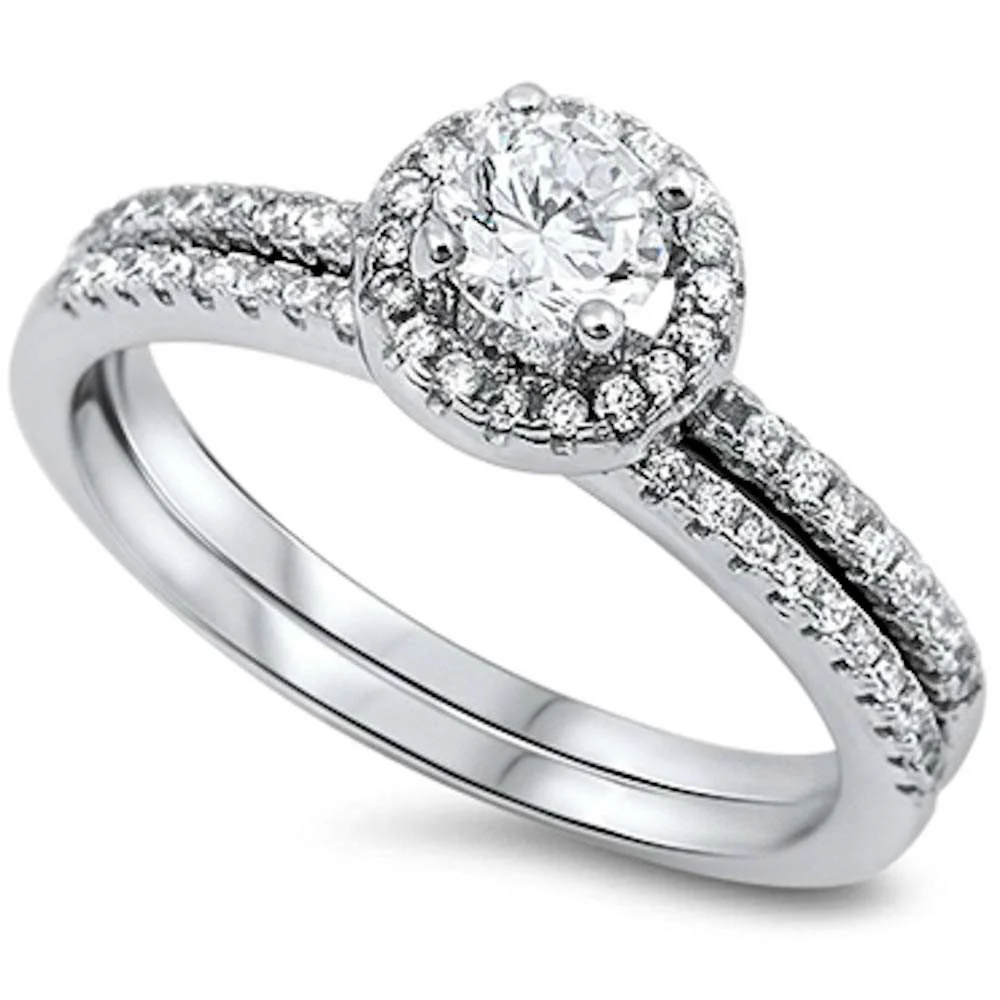 <span>CLOSEOUT! </span>1CT Halo Style Cz 2 Rings Set .925 Sterling Silver Ring