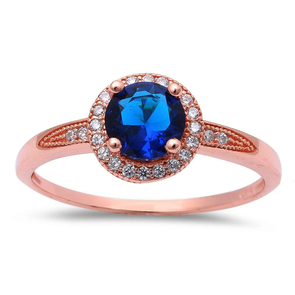 <span>CLOSEOUT!</span> Rose Gold Plated Halo Blue Sapphire Cubic Zirconia .925 Sterling Silver Ring