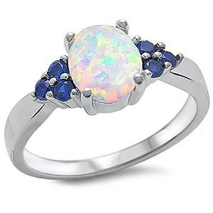 <span>CLOSEOUT!</span>Best Seller White Fire Opal & Blue Sapphire .925 Sterling Silver Ring