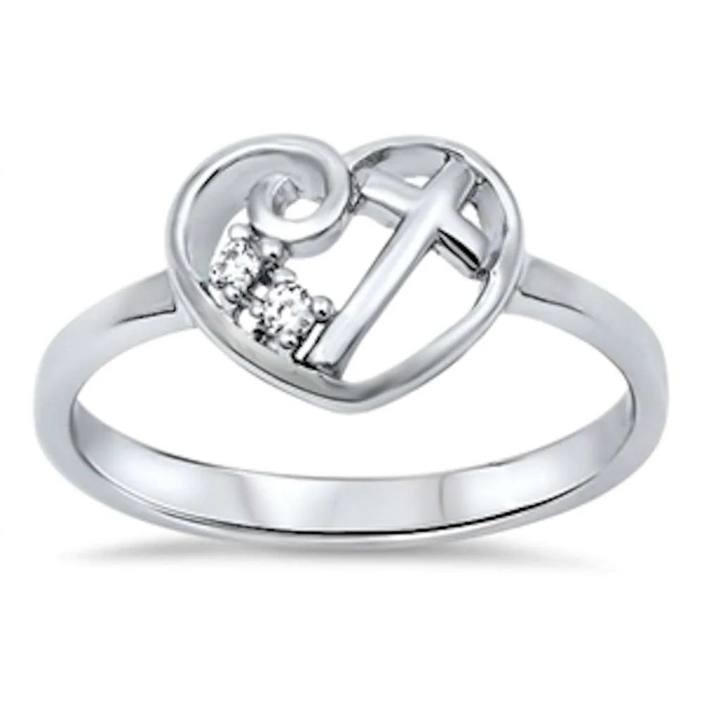 <span>CLOSEOUT!</span>Heart Cubic Zirconia Cross .925 Sterling Silver Ring