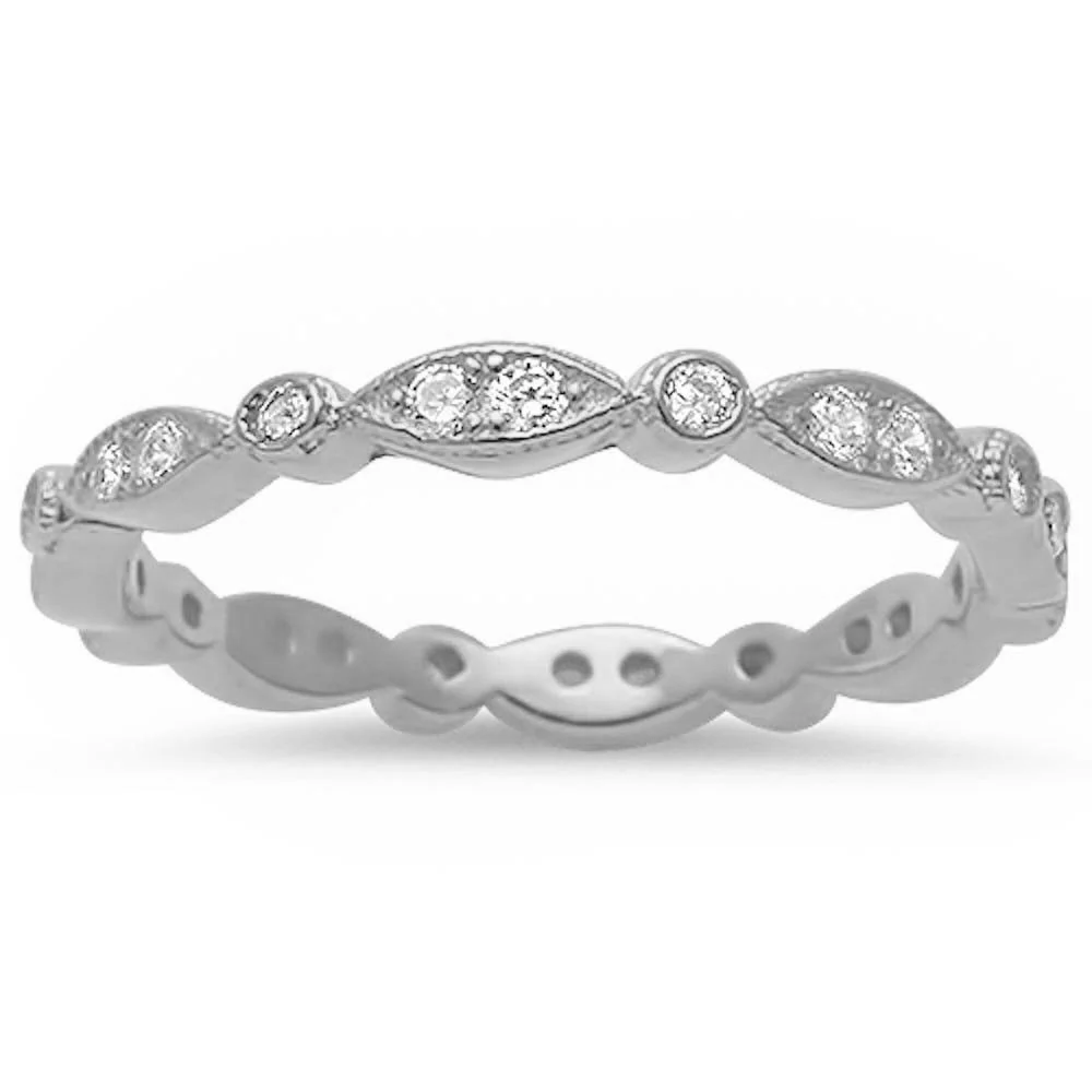 Marquis & Round Shape Cubic Zirconia Eternity Band .925 Sterling Silver Ring
