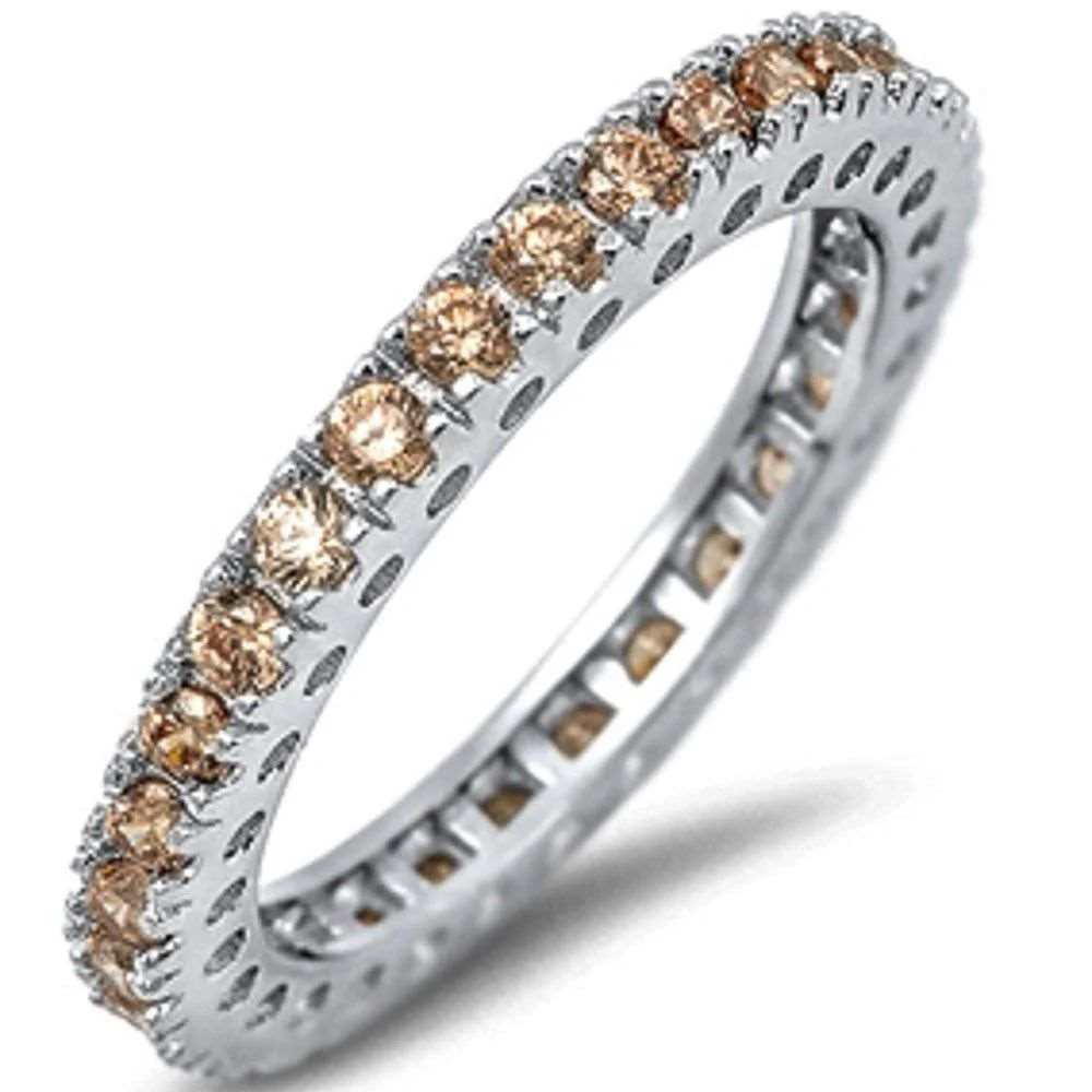 <span>CLOSEOUT!</span>Eternity Wedding Band Champagne Gemstone .925 Sterling Silver Band