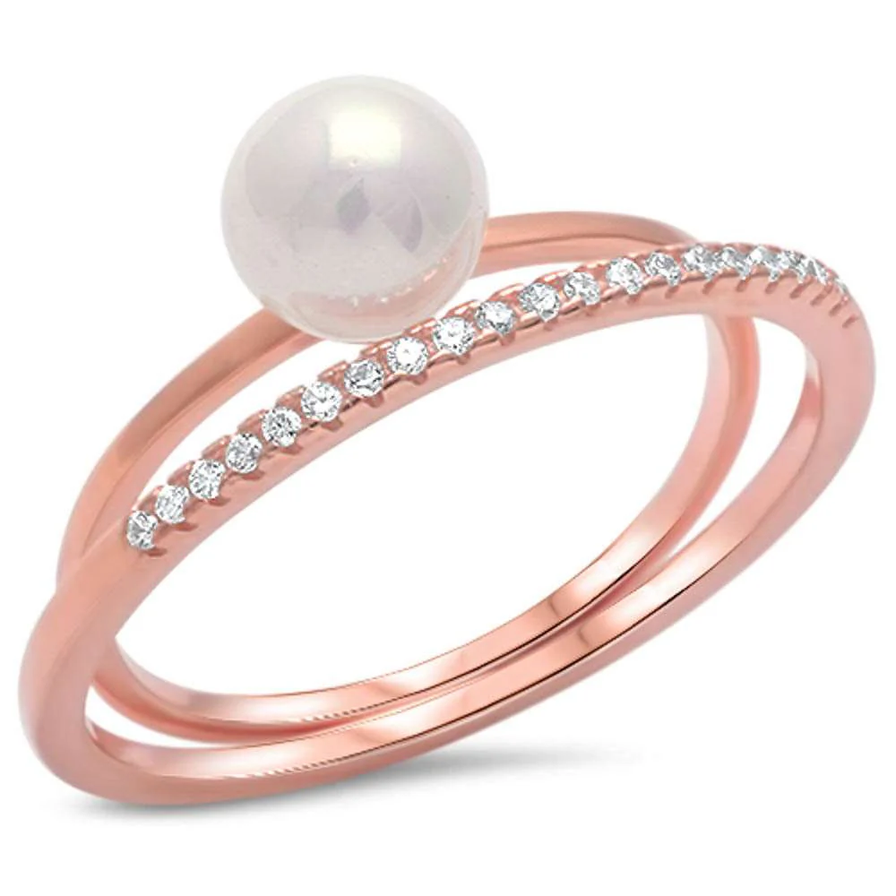 <span>CLOSEOUT! </span>Rose Gold Plated Pearl & Cz .925 Sterling Silver Ring Sizes 4-10