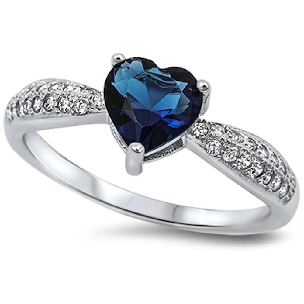 <span>CLOSEOUT!</span>Blue Sapphire Heart & Pave Cz  .925 Sterling Silver Ring