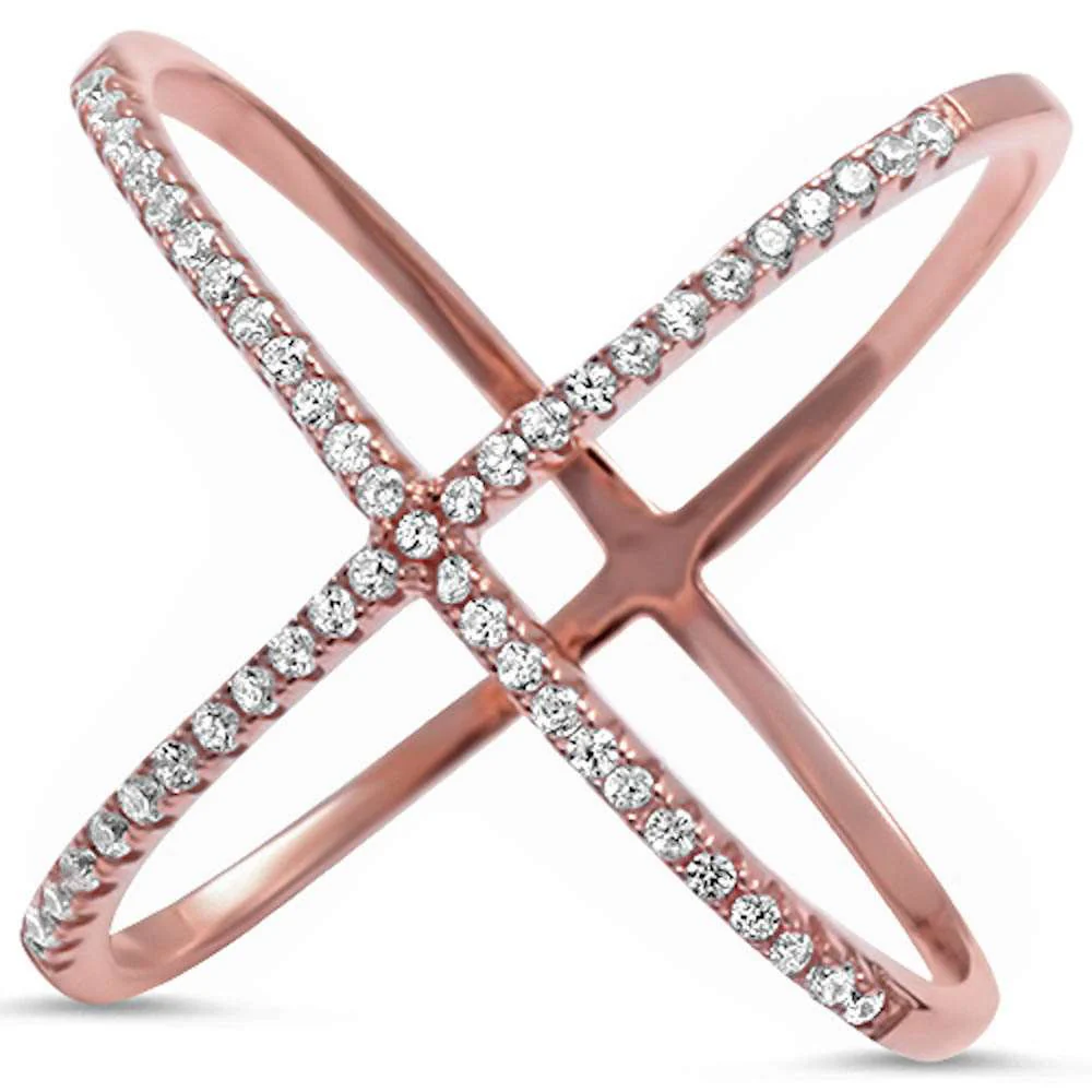 <span>CLOSEOUT!</span> Rose Gold Plated Cz Criss Cross .925 Sterling Silver Ring