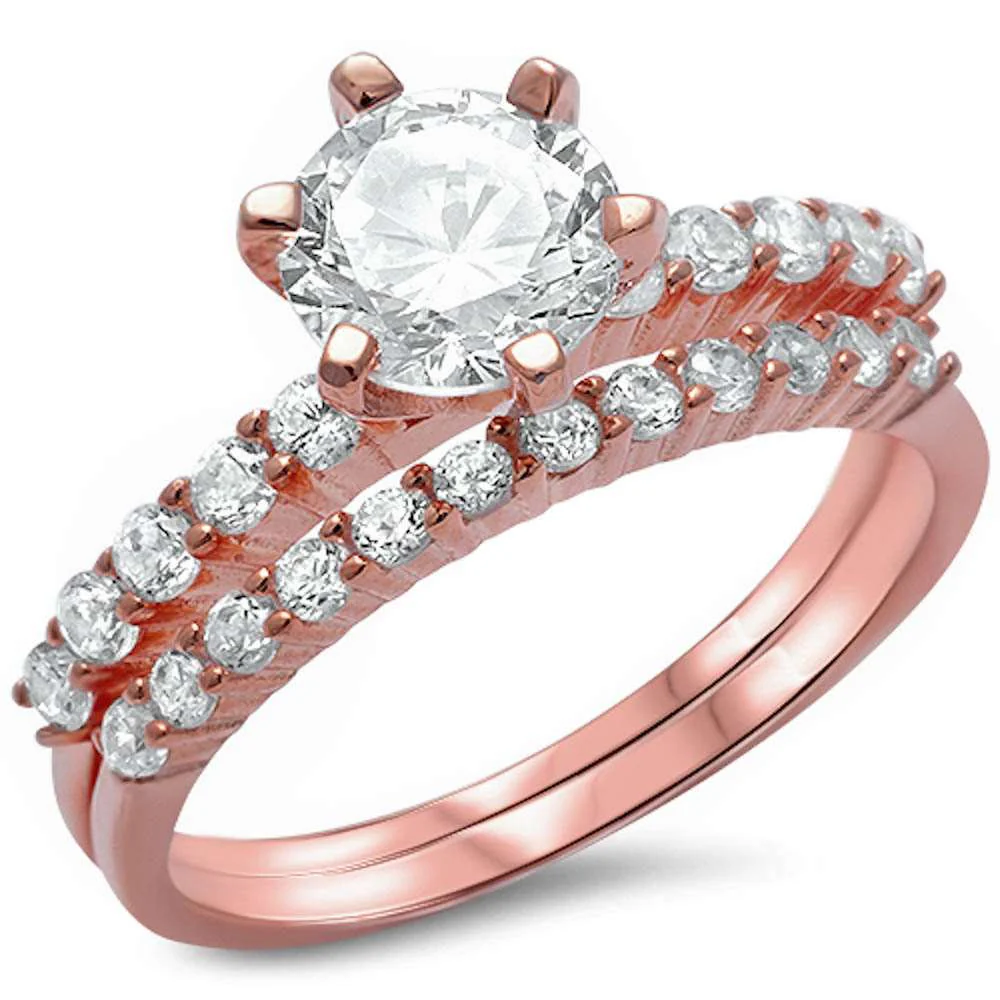 <span>CLOSEOUT!</span>2ct Round Cz Solitaire Rose Gold Plated Wedding Set .925 Sterling Silver