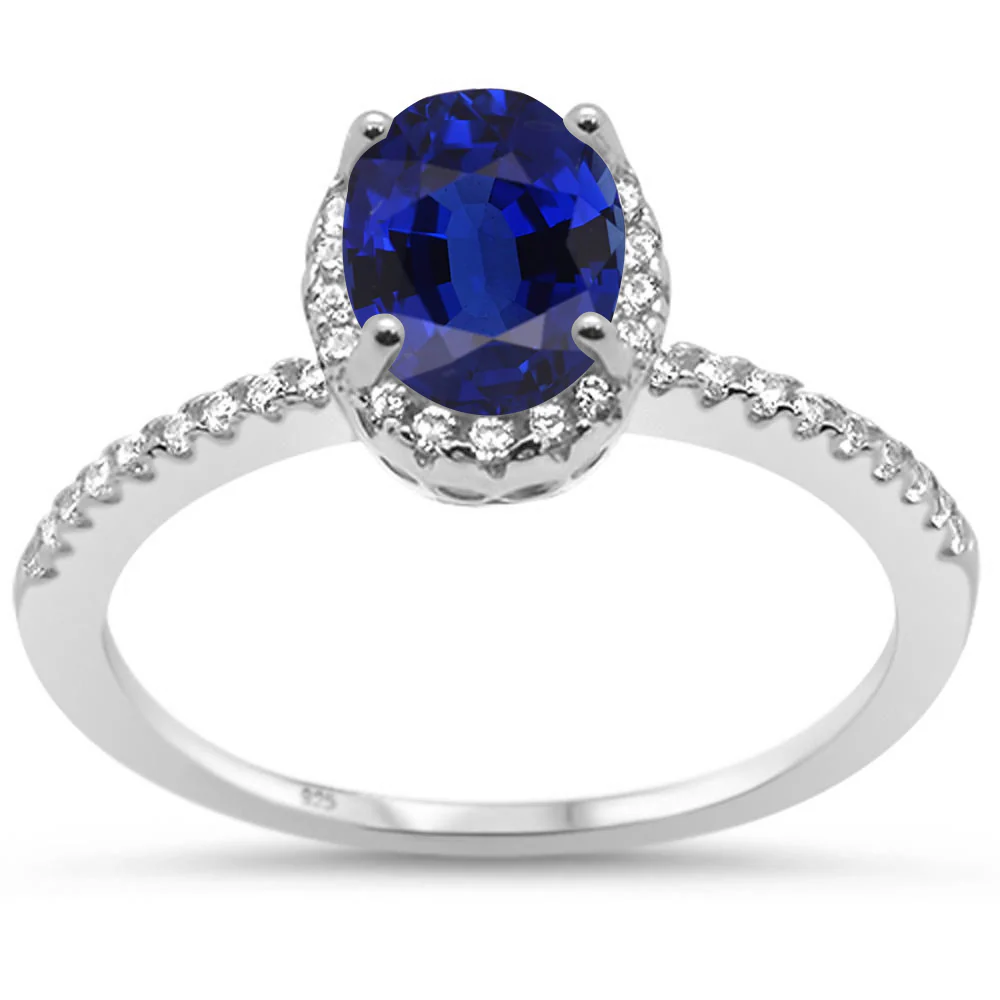 Oval Cut Blue Sapphire & Cubic Zirconia Engagement .925 Sterling Silver Ring