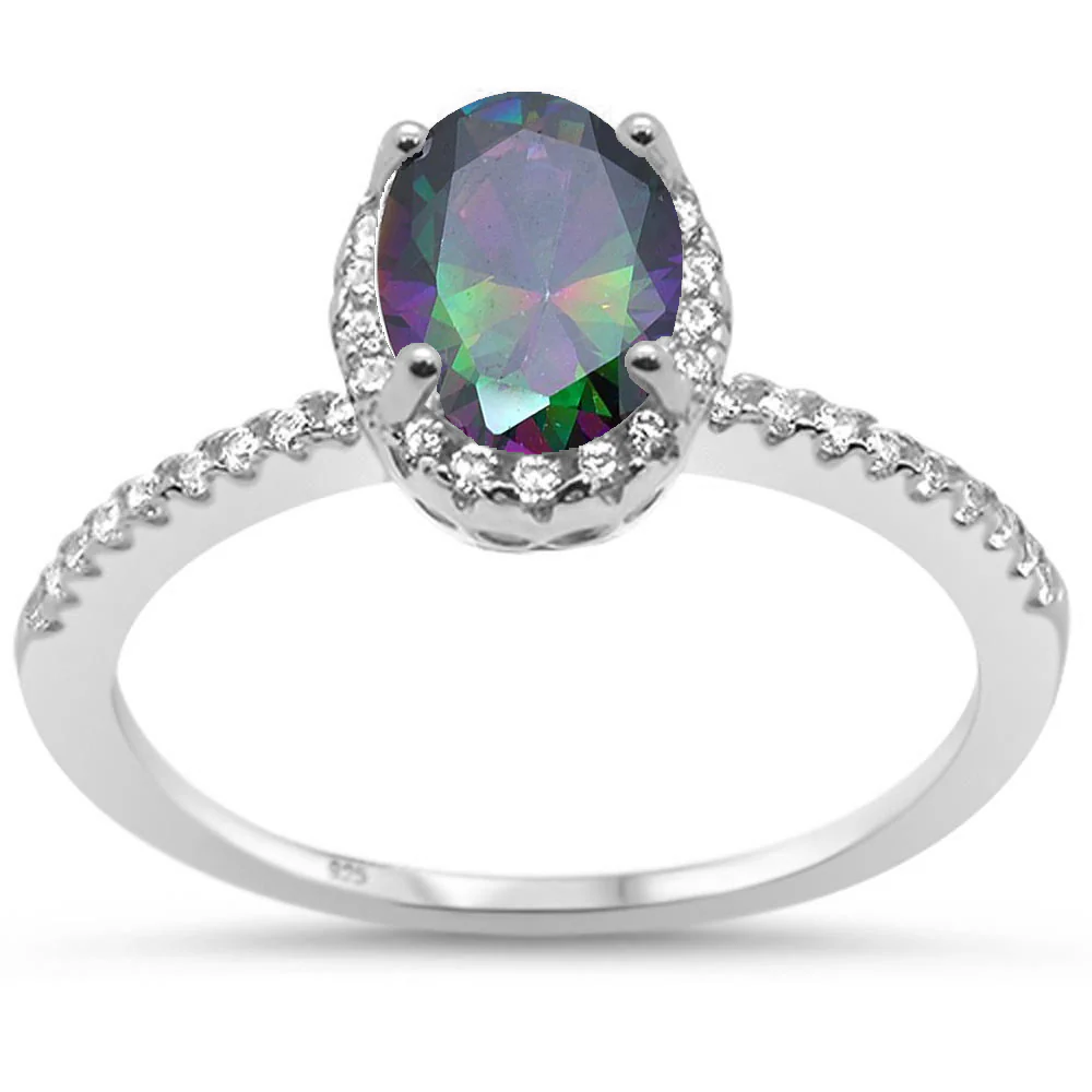 Oval Rainbow Topaz Halo Cz Engagement .925 Sterling Silver Ring