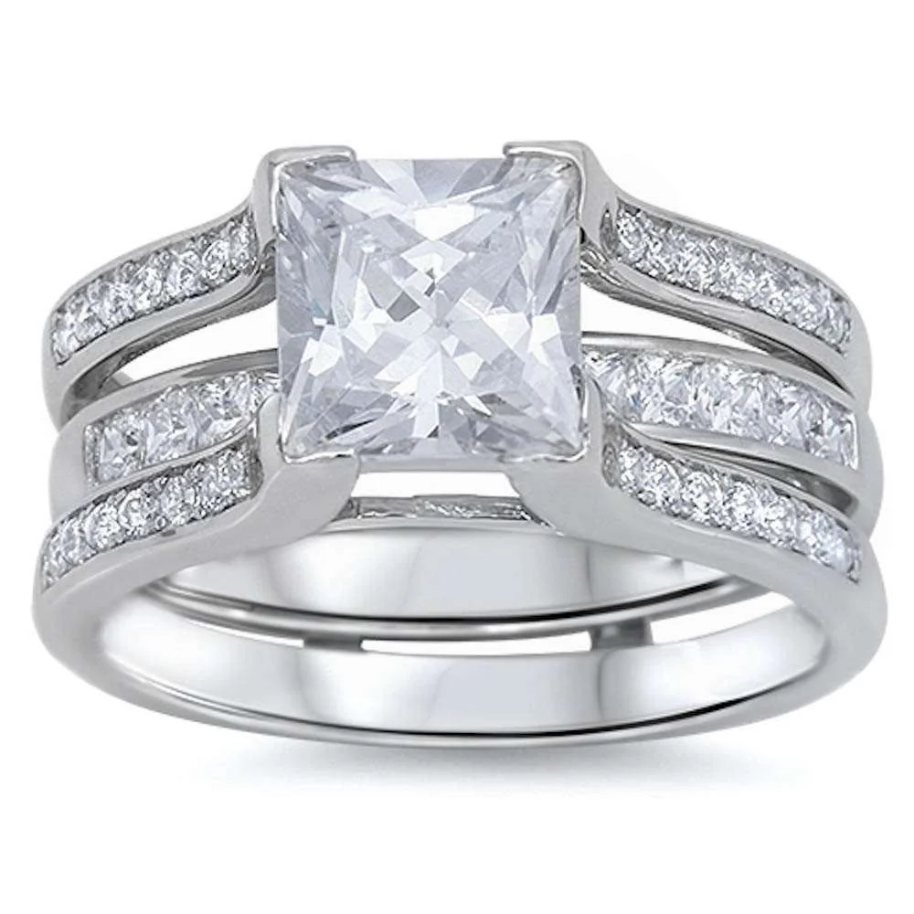 <span>CLOSEOUT!</span>4.50ct Princess & Round CZ 3 Rings Bridal Set .925 Sterling Silver Ring