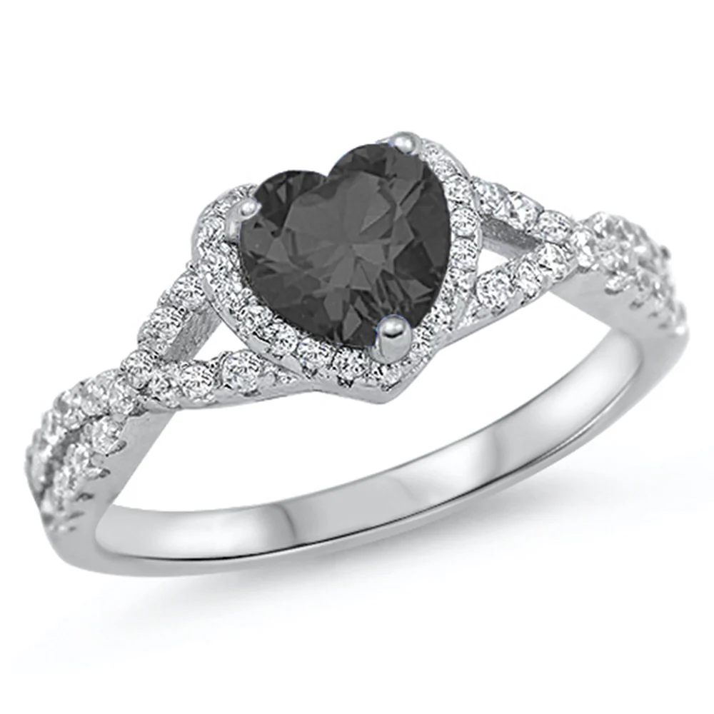 <span>CLOSEOUT! </span>Heart with Black Cubic Zirconia .925 Sterling Silver Ring