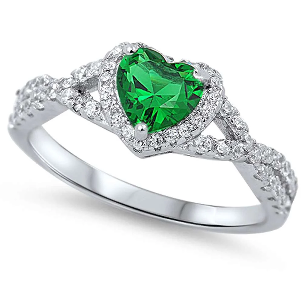 Green Emerald & CZ Promise Ring .925 Sterling Silver Ring Sizes
