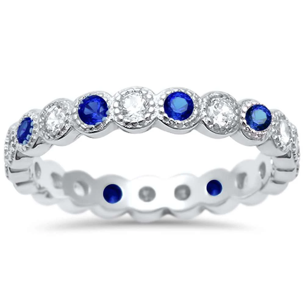 <span>CLOSEOUT!</span> Blue Sapphire & Cz Antique Style Bezel Set Eternity Stackable .925 Sterling Silver Ring Sizes 4-5