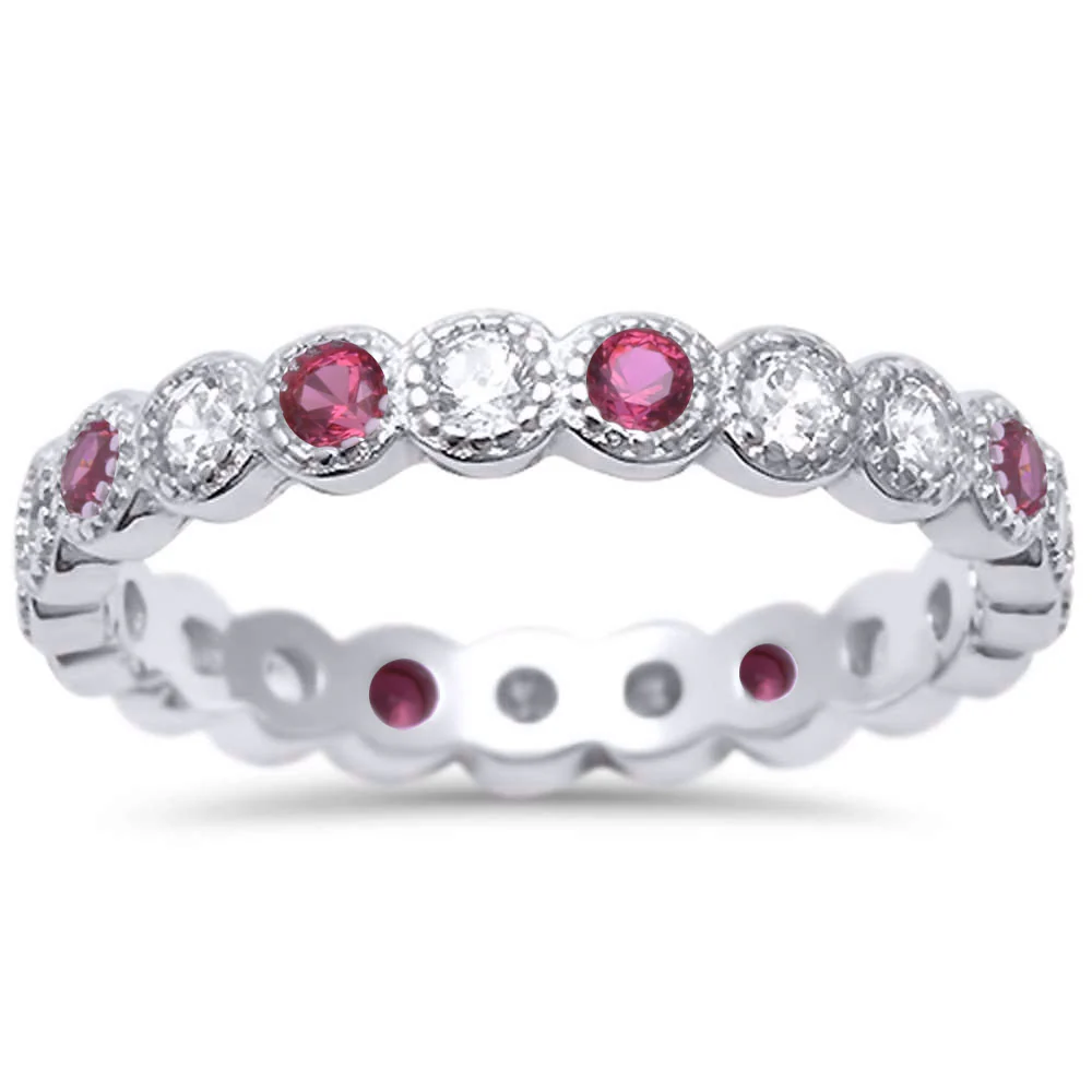 <span>CLOSEOUT!</span> Ruby & Cz Antique Style Bezel Set Eternity Stackable .925 Sterling Silver Ring