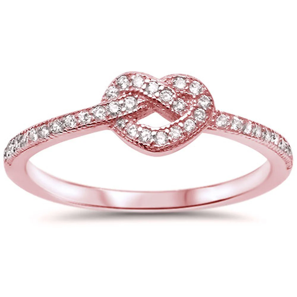 <span>CLOSEOUT!</span>Rose Gold Plated Heart Love Knot CZ .925 Sterling Silver Ring Sizes 4,7