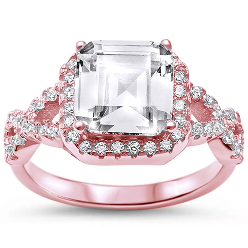 <span>Closeout!</span>Rose Plated Asscher Square Twisted Infinty Engagement .925 Sterling Silver Ring Sizes 5-6