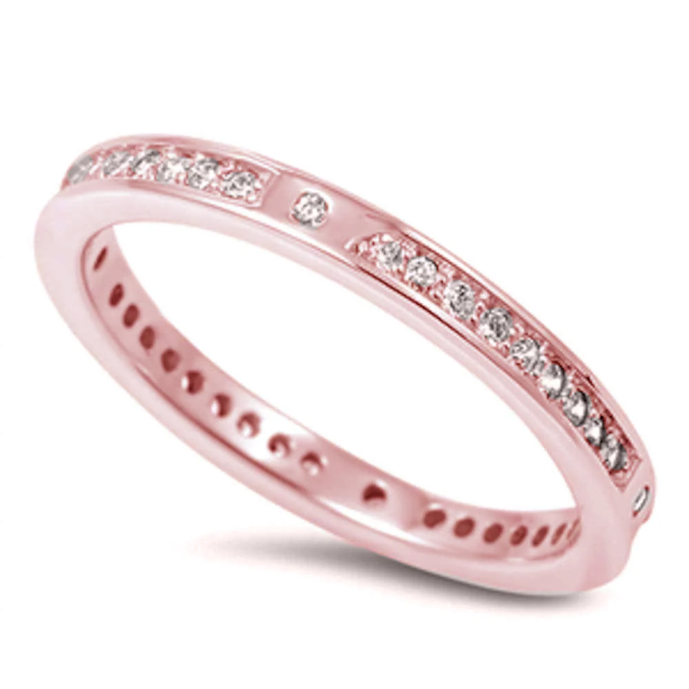 <span>CLOSEOUT! </span>New Design Rose Gold Plated Cubic Zirconia Eternity Band .925 Sterling Silver Ring