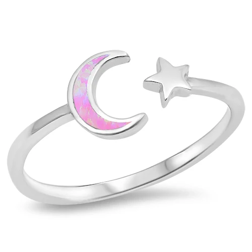 <span>CLOSEOUT! </span>Pink Opal Wraparound Moon & star .925 Sterling Silver Ring