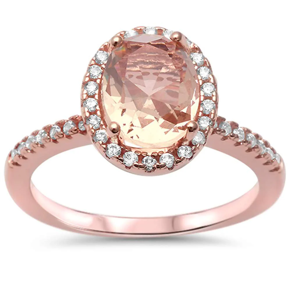 Halo Rose Gold Plated Morganite & Cubic Zirconia .925 Sterling Silver Ring Sizes 5-10
