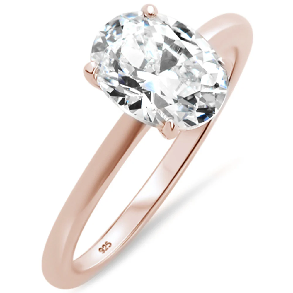 <span>CLOSEOUT! </span>2.00ct 9x7mm Rose Gold Plated Oval Cubic Zirconia .925 Sterling Silver Solitaire Engagement RingSizes 4-9 - Image 2