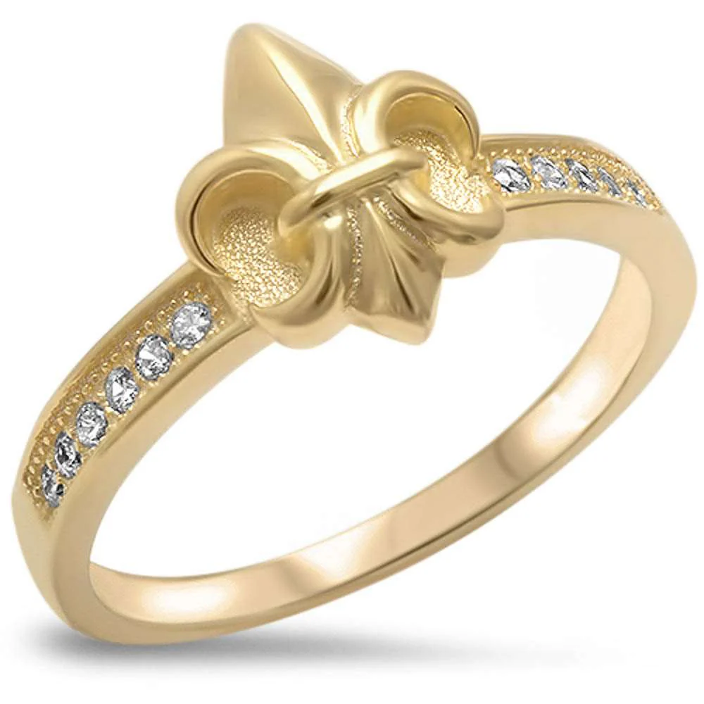 <span>CLOSEOUT!</span>Yellow Gold Plated Fleur De Lis .925 Sterling Silver Ring Sizes 4-7,9-12