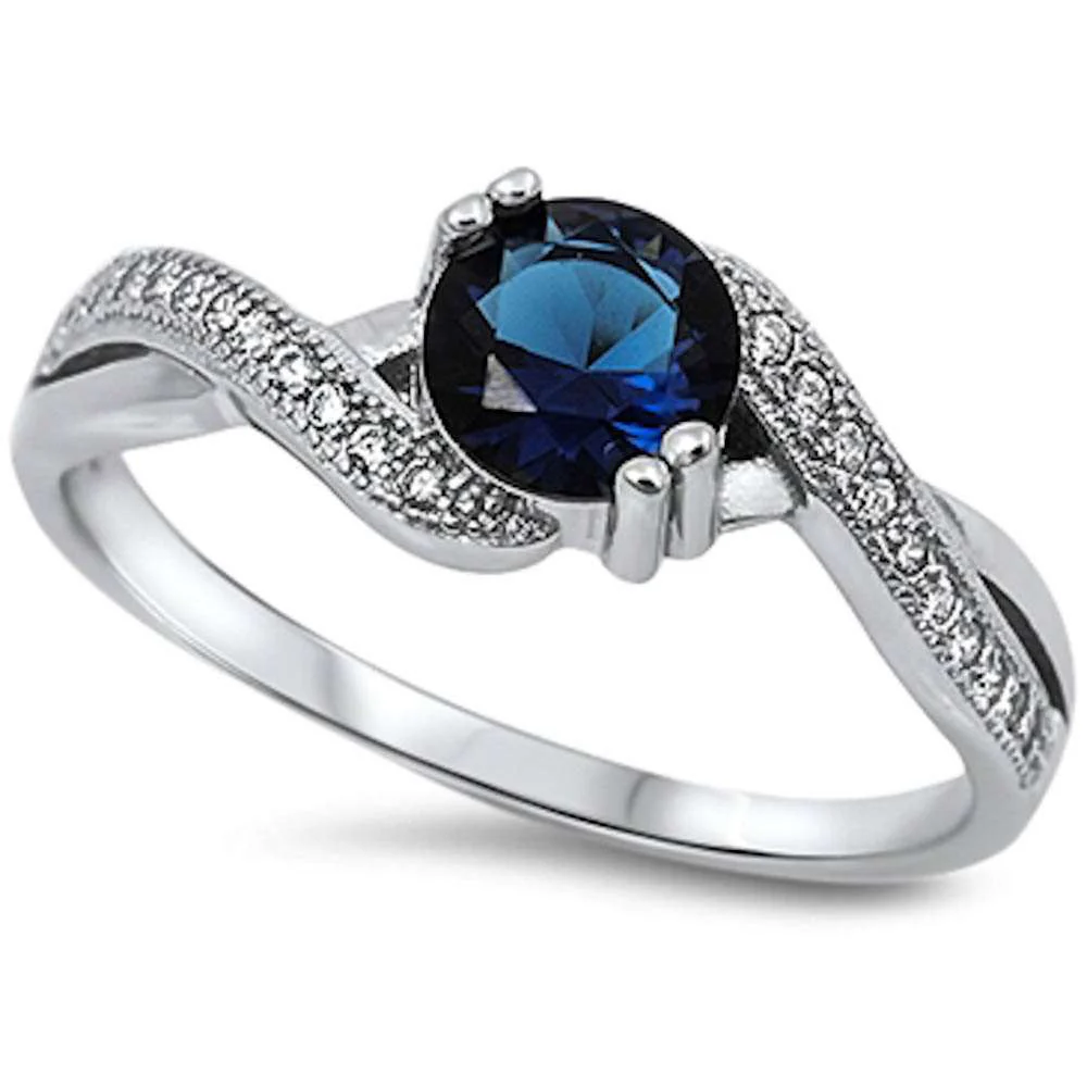 <span>CLOSEOUT! </span>Round Blue Sapphire & White Cz .925 Sterling Silver Ring