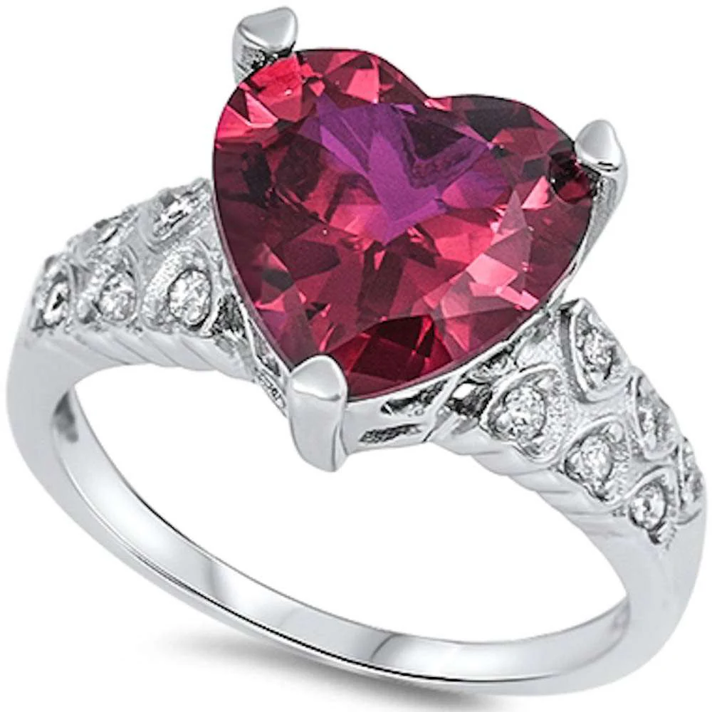<span>CLOSEOUT!</span>Heart Shape Ruby & Cz .925 Sterling Silver Ring