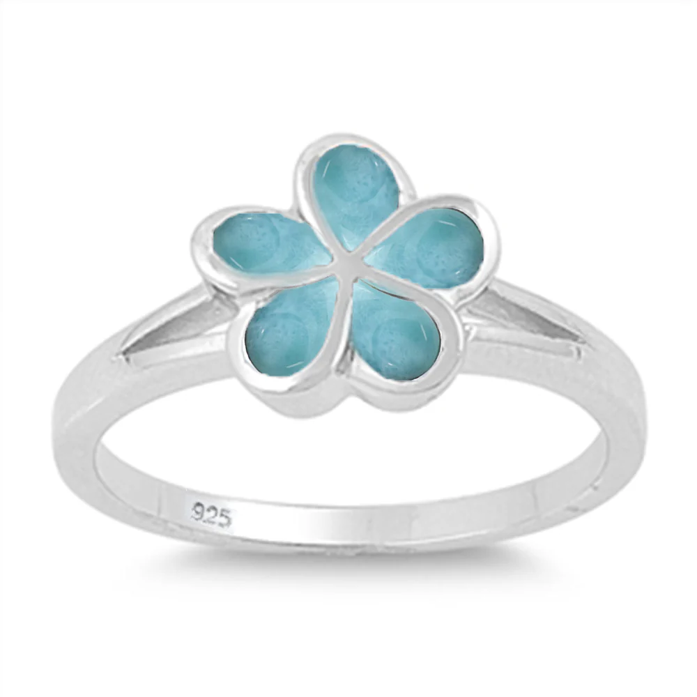 Larimar Plumeria .925 Sterling Silver Ring Sizes 5-10