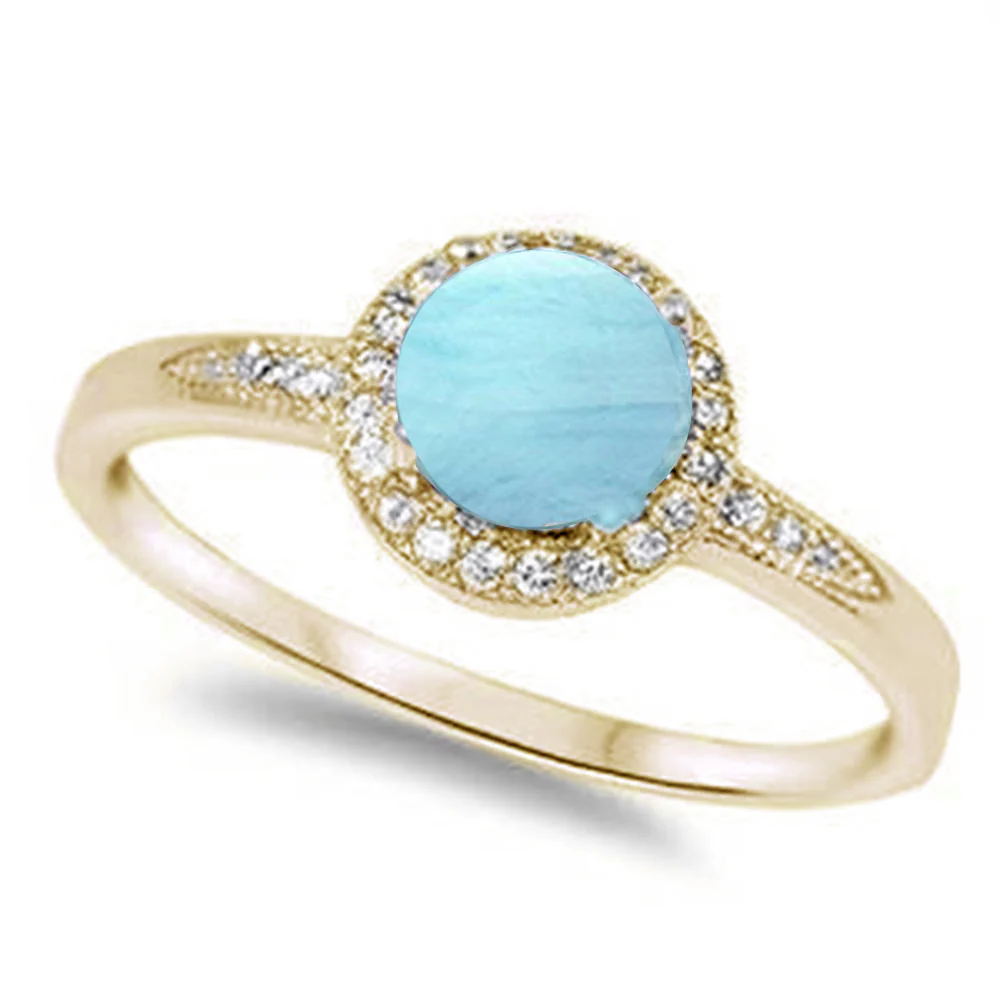  Yellow Gold Plated Halo Natural Larimar & Cubic Zirconia .925 Sterling Silver Ring Sizes 5-9
