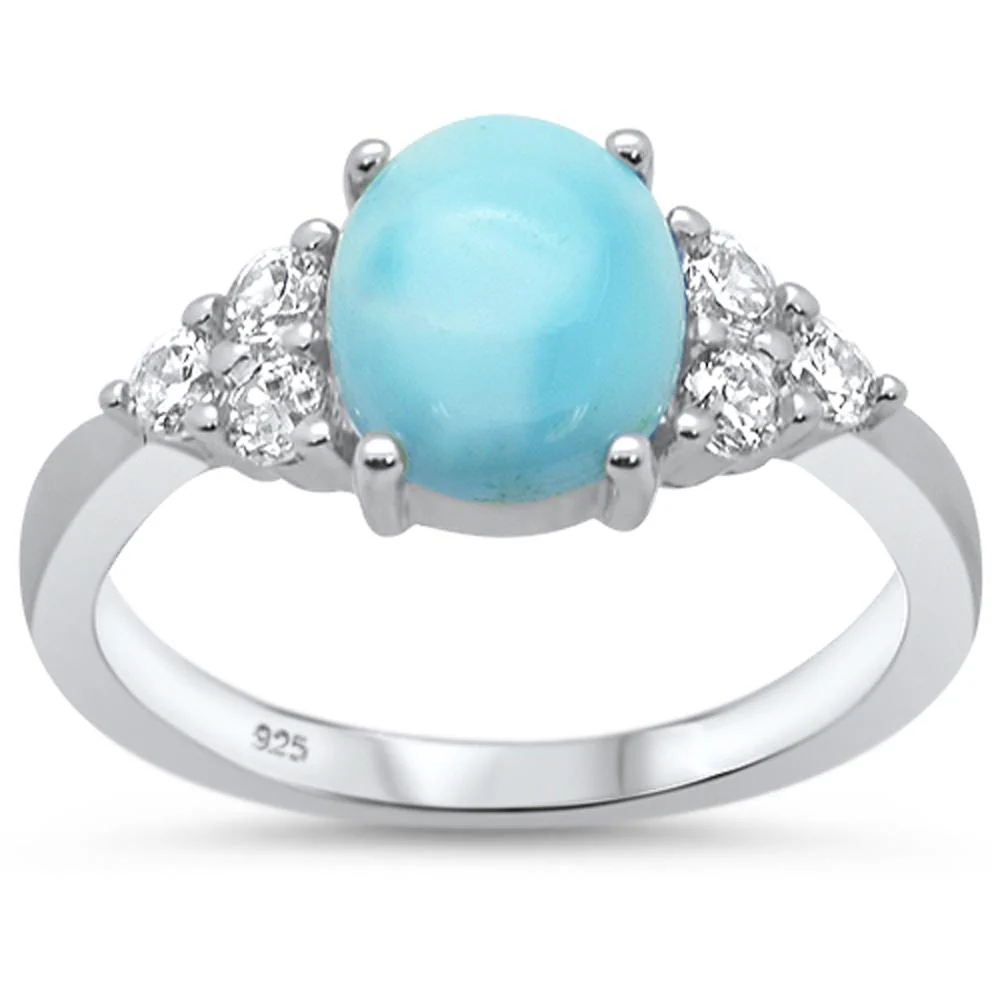 Round Oval Larimar & Cubic Zirconia .925 Sterling Silver Ring Sizes 5-10