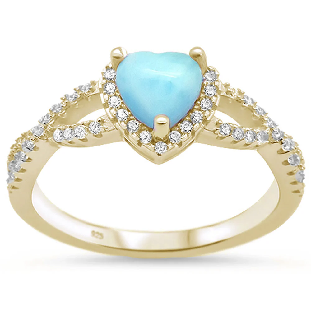 Yellow Gold Plated Natural Larimar Heart with CZ Promise Ring .925 Sterling Silver Sizes 5-10