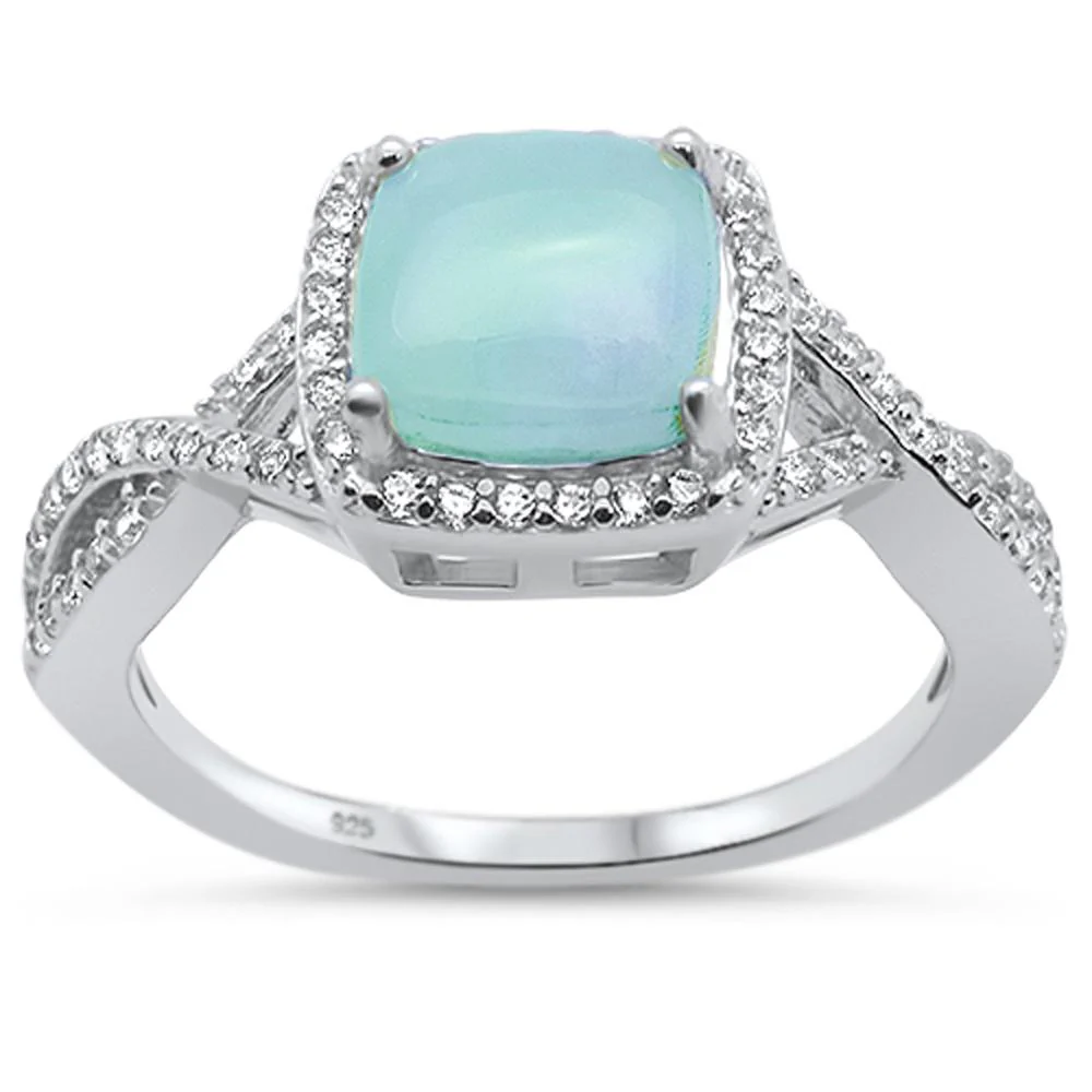 Natural Larimar Cushion Shape Twisted Band .925 Sterling Silver Ring Sizes 5-10