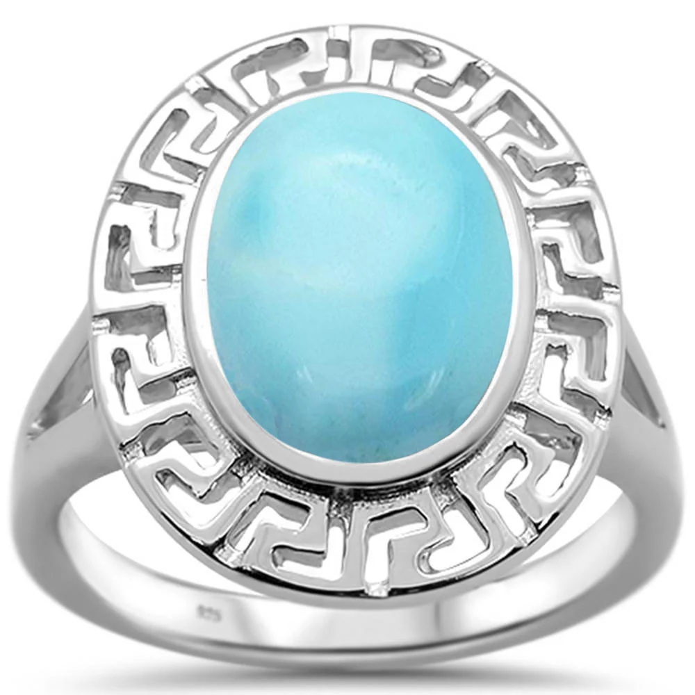 Natural Larimar Antique Greek Key Design .925 Sterling Silver Ring Sizes 6-10