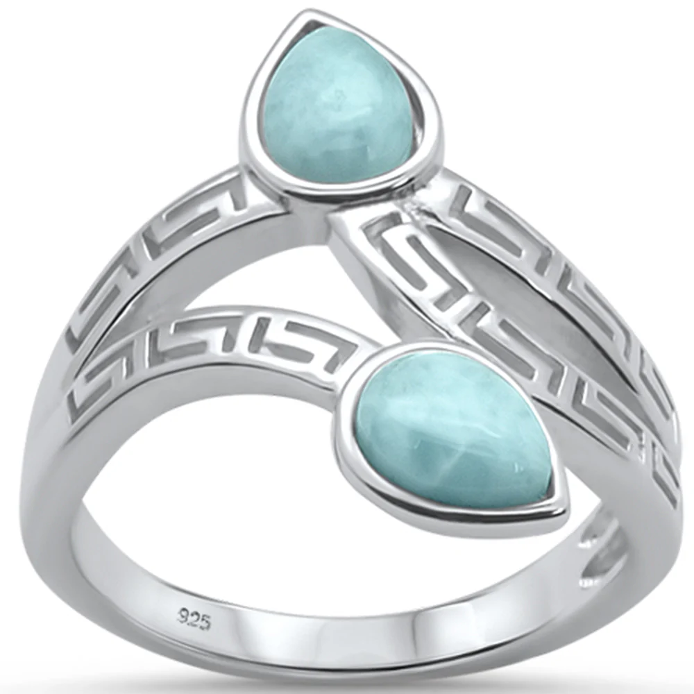 Natural Larimar Greek Key Leaf Design .925 Sterling Silver Ring Sizes 6-8