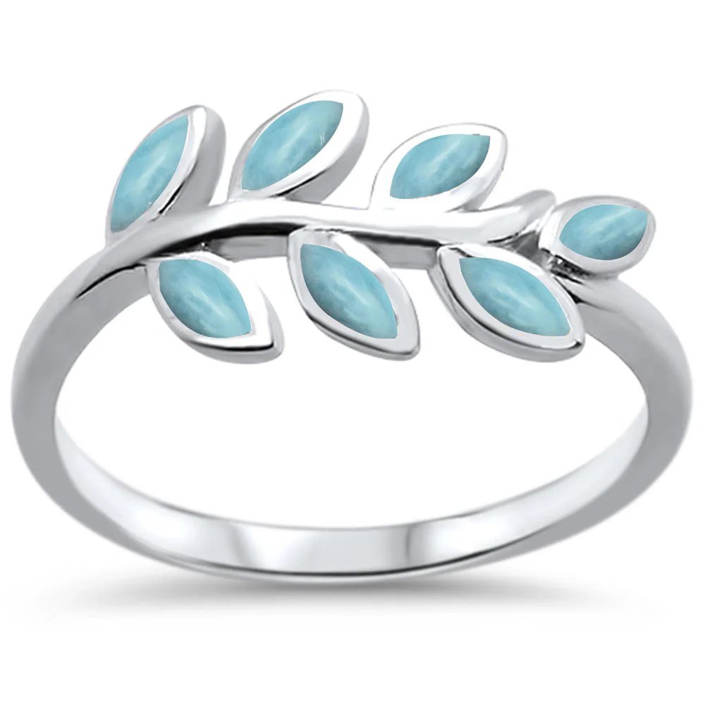 Natural Larimar Olive Branch Leaf Design .925 Sterling Silver Ring Sizes 4-10