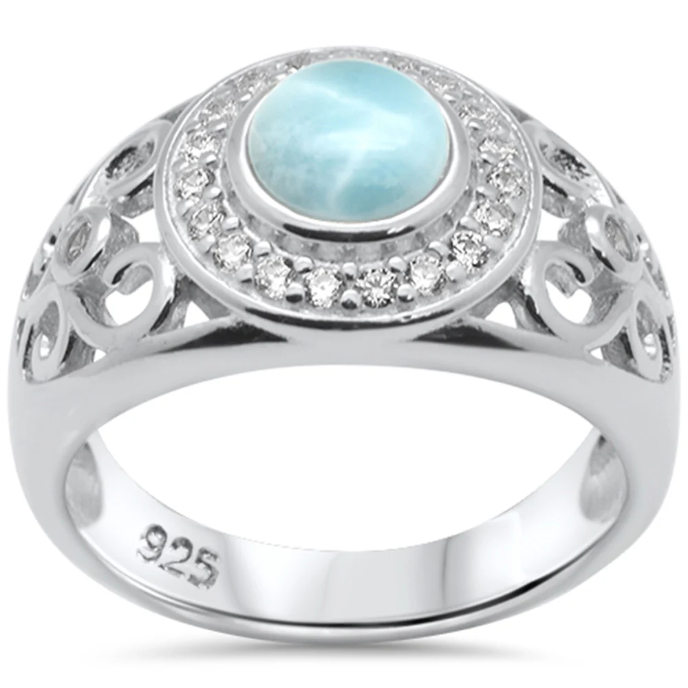 Round Shaped Halo Filigree Natural Larimar & CZ .925 Sterling Silver Ring Size 7,8