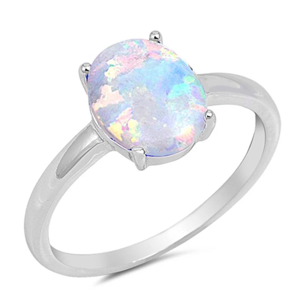 Solid Oval White Opal  .925 Sterling Silver Ring