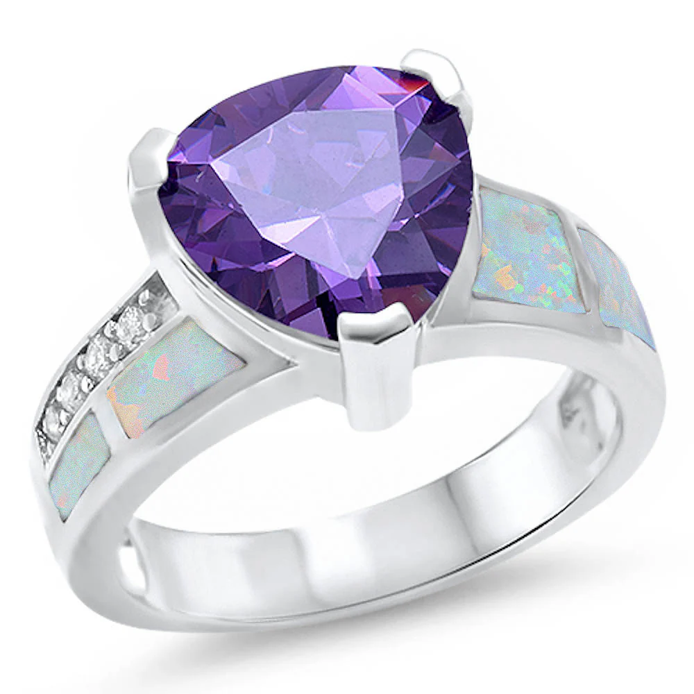 <span>CLOSEOUT!</span> Trillion Shape Amethyst, White Opal, & Cz .925 Sterling Silver Ring Sizes 5-10