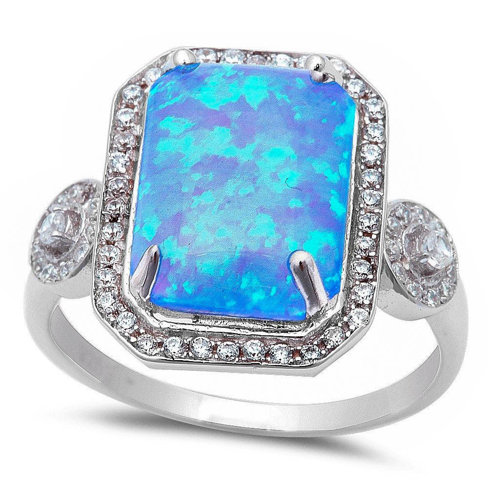 <span>CLOSEOUT!</span> Large Radiant Cut Blue Opal & Cubic Zirconia .925 Sterling Silver Ring Sizes 5-12