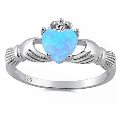Light Blue Opal Heart Claddagh & Cubic Zirconia .925 Sterling Silver Ring Sizes 5-10